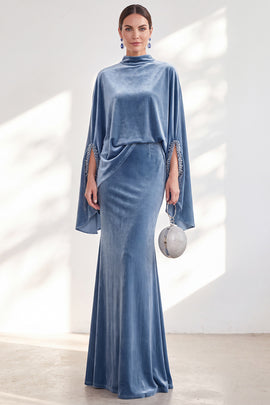 Blue Velvet Mermaid High Neck Beaded Long Holiday Dress with Cape
