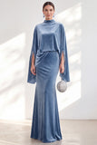 Blue Velvet Mermaid High Neck Beaded Long Holiday Dress with Cape