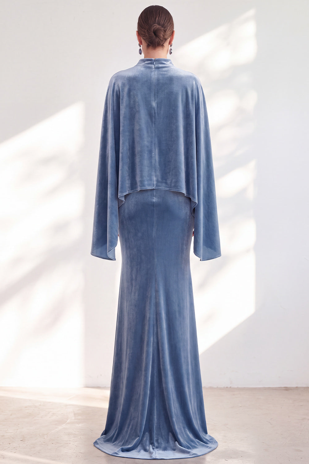 Blue Velvet Mermaid High Neck Beaded Long Holiday Dress with Cape