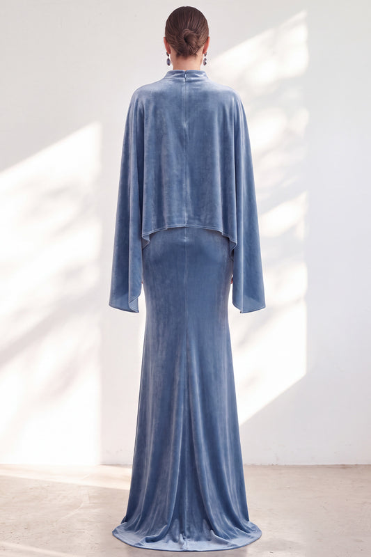 Blue Velvet Mermaid High Neck Beaded Long Holiday Dress with Cape