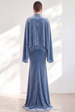Blue Velvet Mermaid High Neck Beaded Long Holiday Dress with Cape