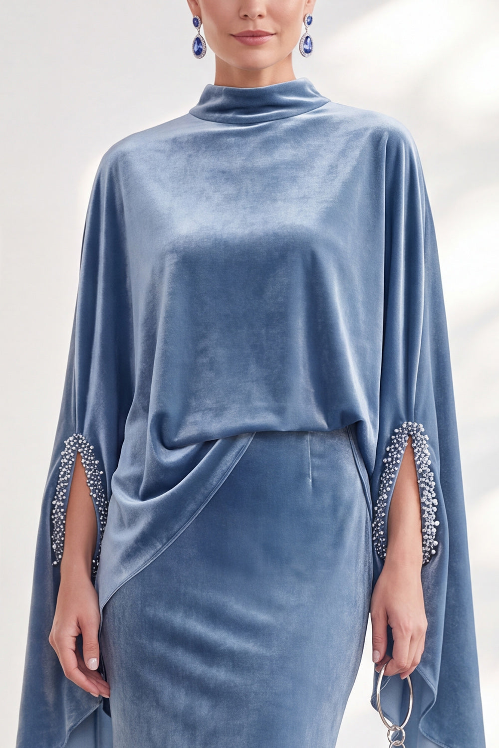 Blue Velvet Mermaid High Neck Beaded Long Holiday Dress with Cape