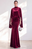 Blue Velvet Mermaid High Neck Beaded Long Holiday Dress with Cape