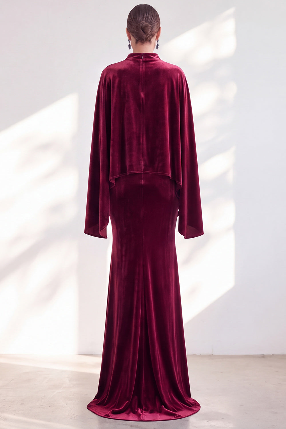 Blue Velvet Mermaid High Neck Beaded Long Holiday Dress with Cape