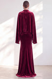 Blue Velvet Mermaid High Neck Beaded Long Holiday Dress with Cape