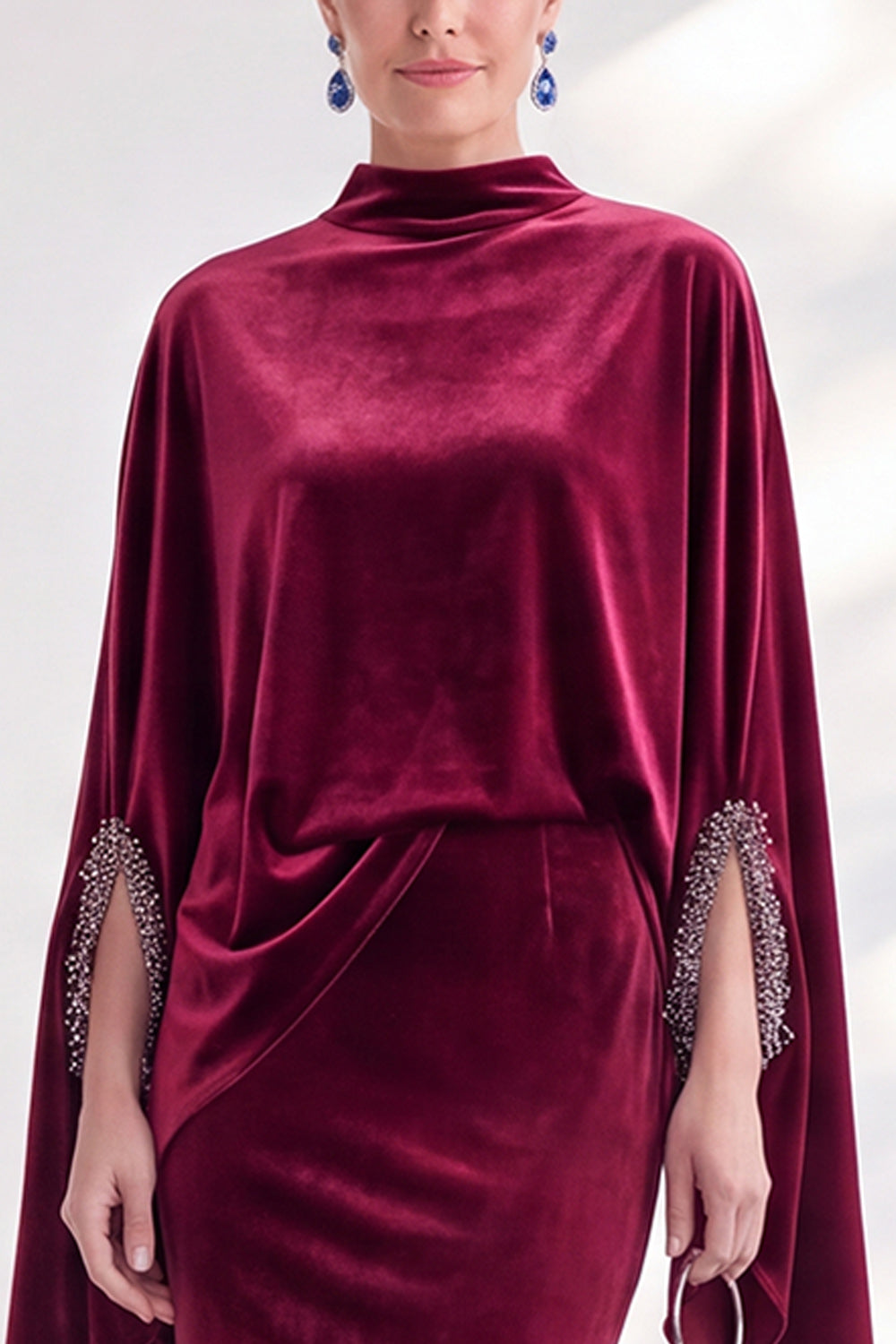 Blue Velvet Mermaid High Neck Beaded Long Holiday Dress with Cape