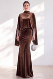 Blue Velvet Mermaid High Neck Beaded Long Holiday Dress with Cape