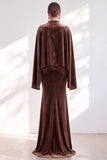 Blue Velvet Mermaid High Neck Beaded Long Holiday Dress with Cape