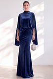 Blue Velvet Mermaid High Neck Beaded Long Holiday Dress with Cape