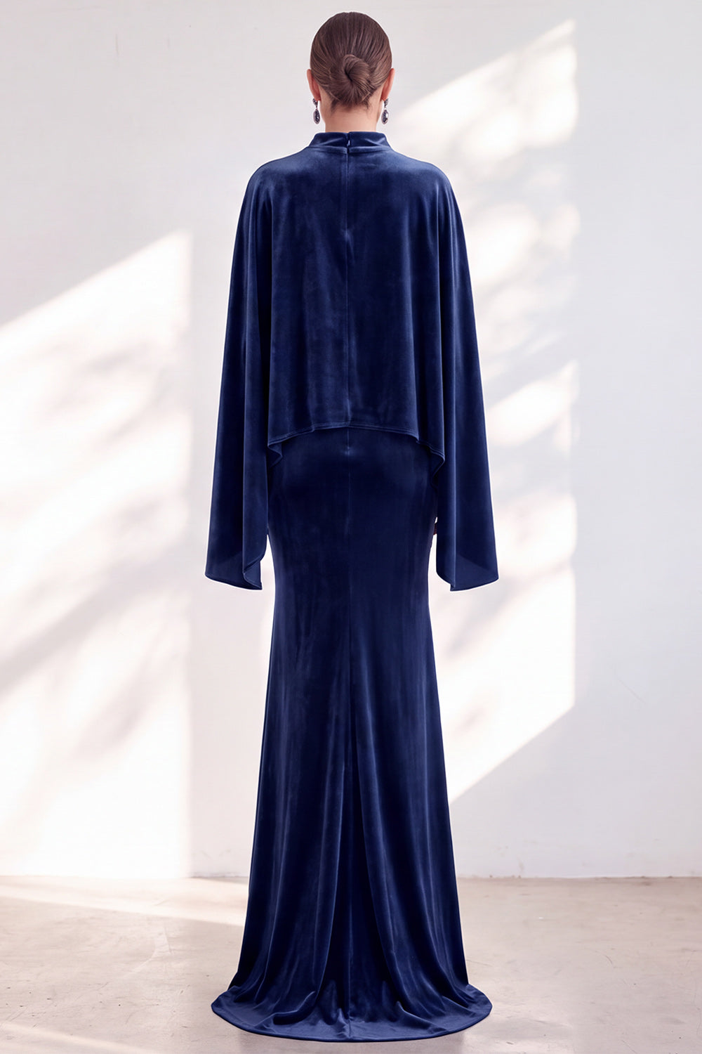 Blue Velvet Mermaid High Neck Beaded Long Holiday Dress with Cape