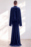 Blue Velvet Mermaid High Neck Beaded Long Holiday Dress with Cape