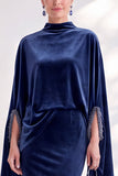 Blue Velvet Mermaid High Neck Beaded Long Holiday Dress with Cape