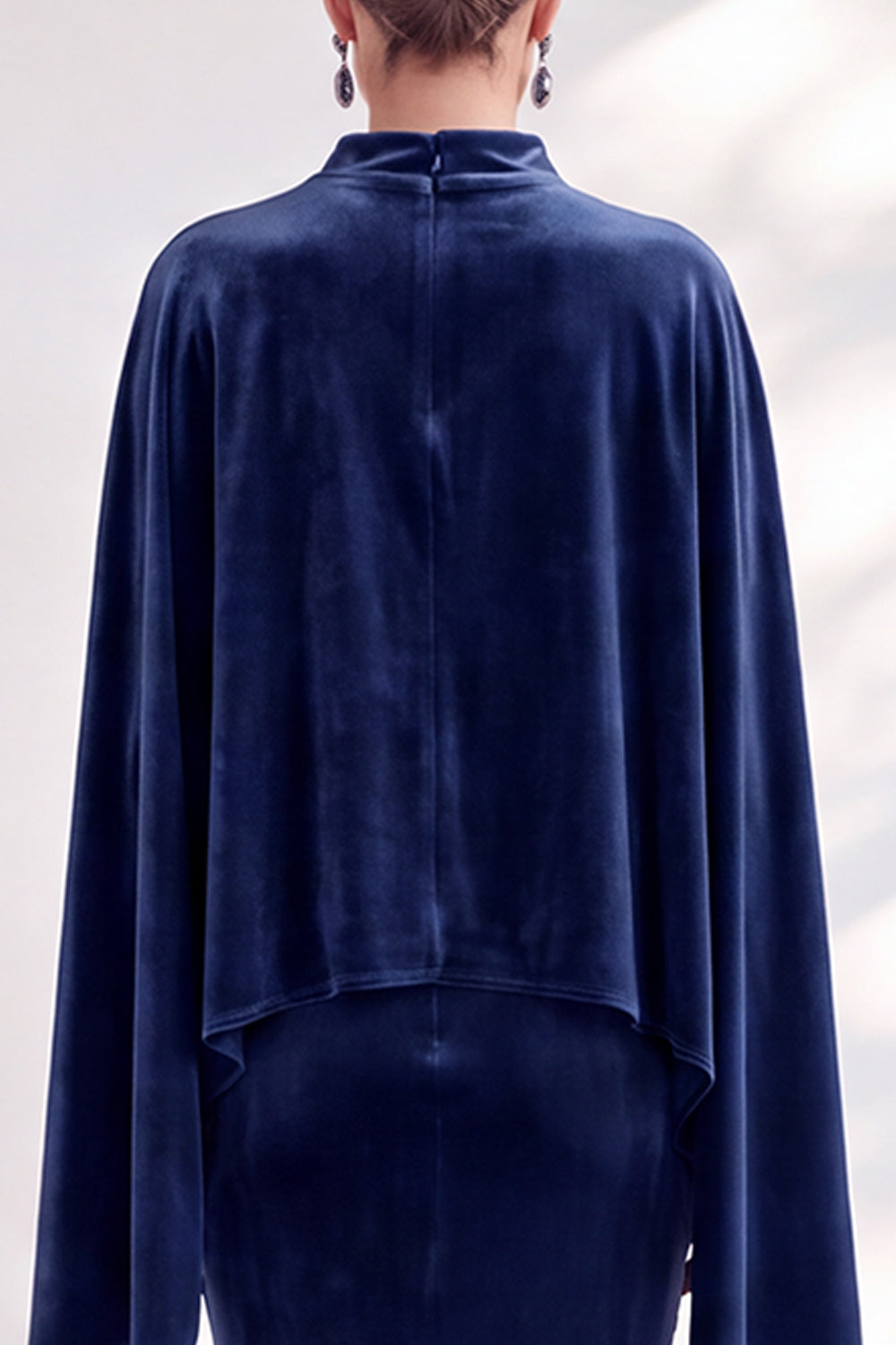 Blue Velvet Mermaid High Neck Beaded Long Holiday Dress with Cape