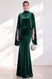 Blue Velvet Mermaid High Neck Beaded Long Holiday Dress with Cape
