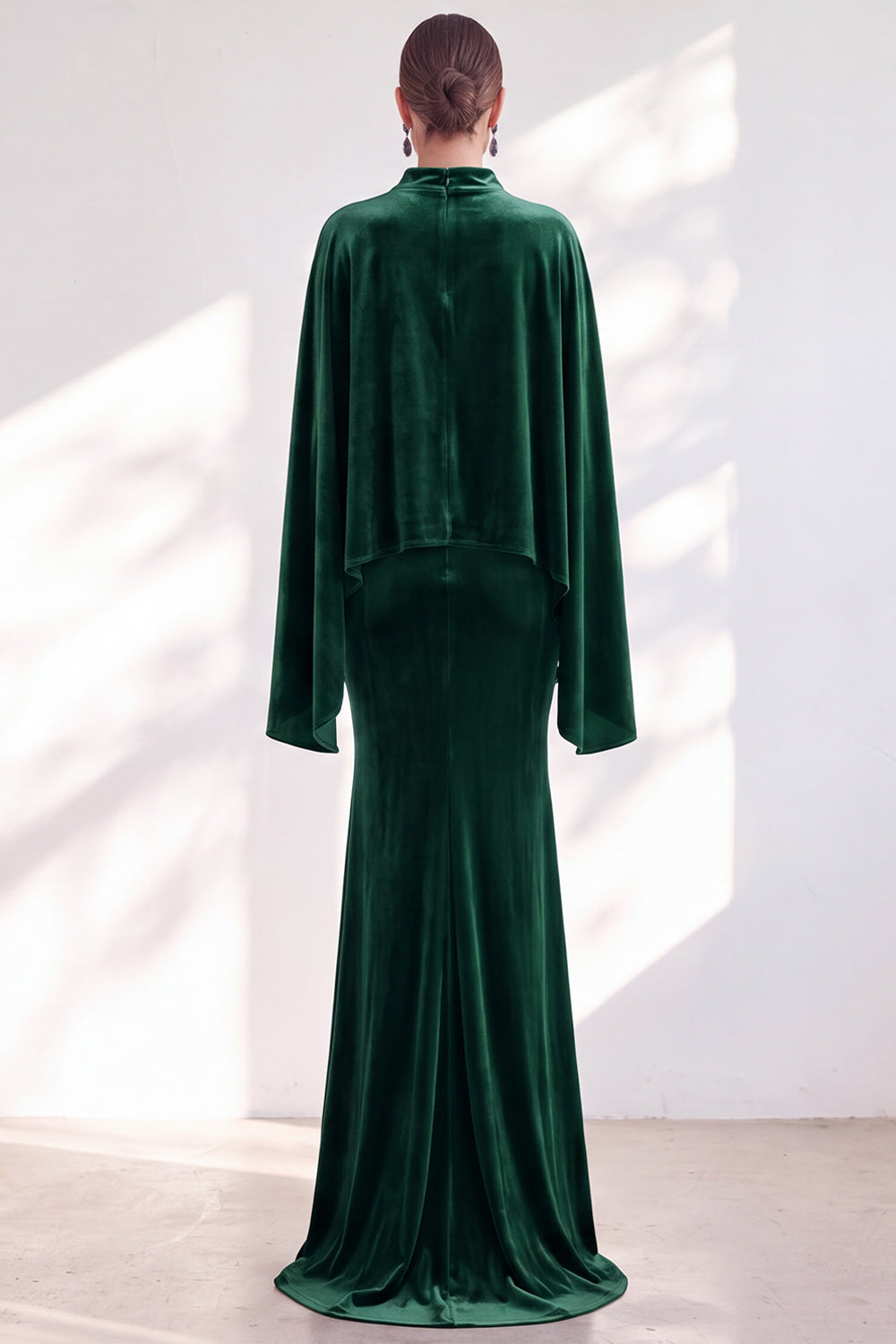 Blue Velvet Mermaid High Neck Beaded Long Holiday Dress with Cape