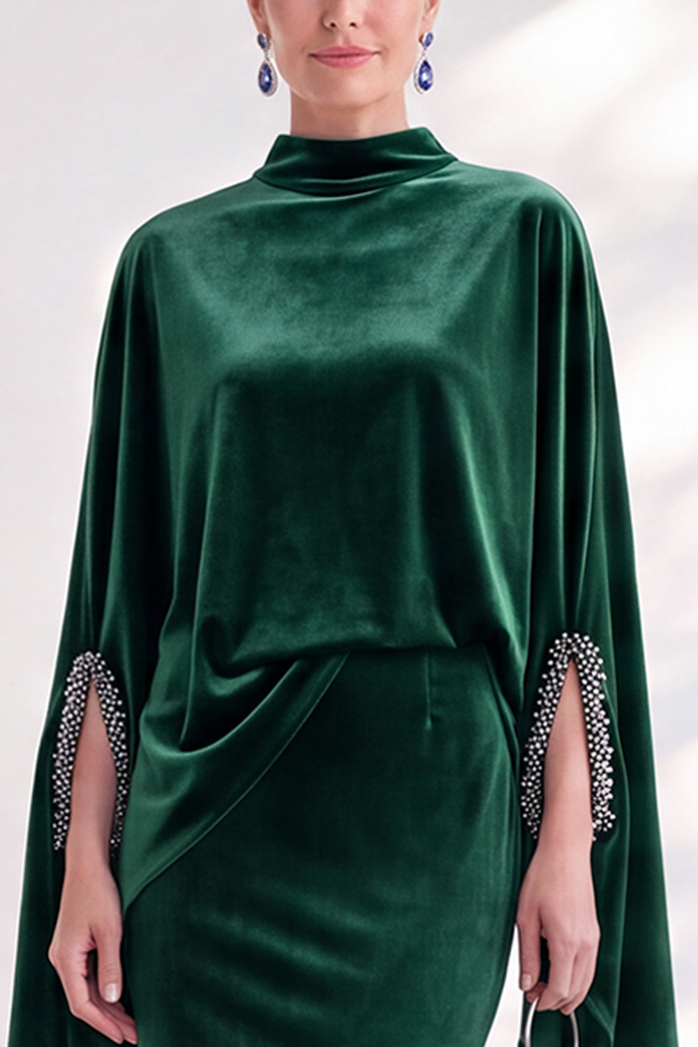 Blue Velvet Mermaid High Neck Beaded Long Holiday Dress with Cape