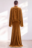 Blue Velvet Mermaid High Neck Beaded Long Holiday Dress with Cape
