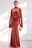 Blue Velvet Mermaid High Neck Beaded Long Holiday Dress with Cape