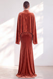 Blue Velvet Mermaid High Neck Beaded Long Holiday Dress with Cape