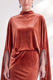 Blue Velvet Mermaid High Neck Beaded Long Holiday Dress with Cape