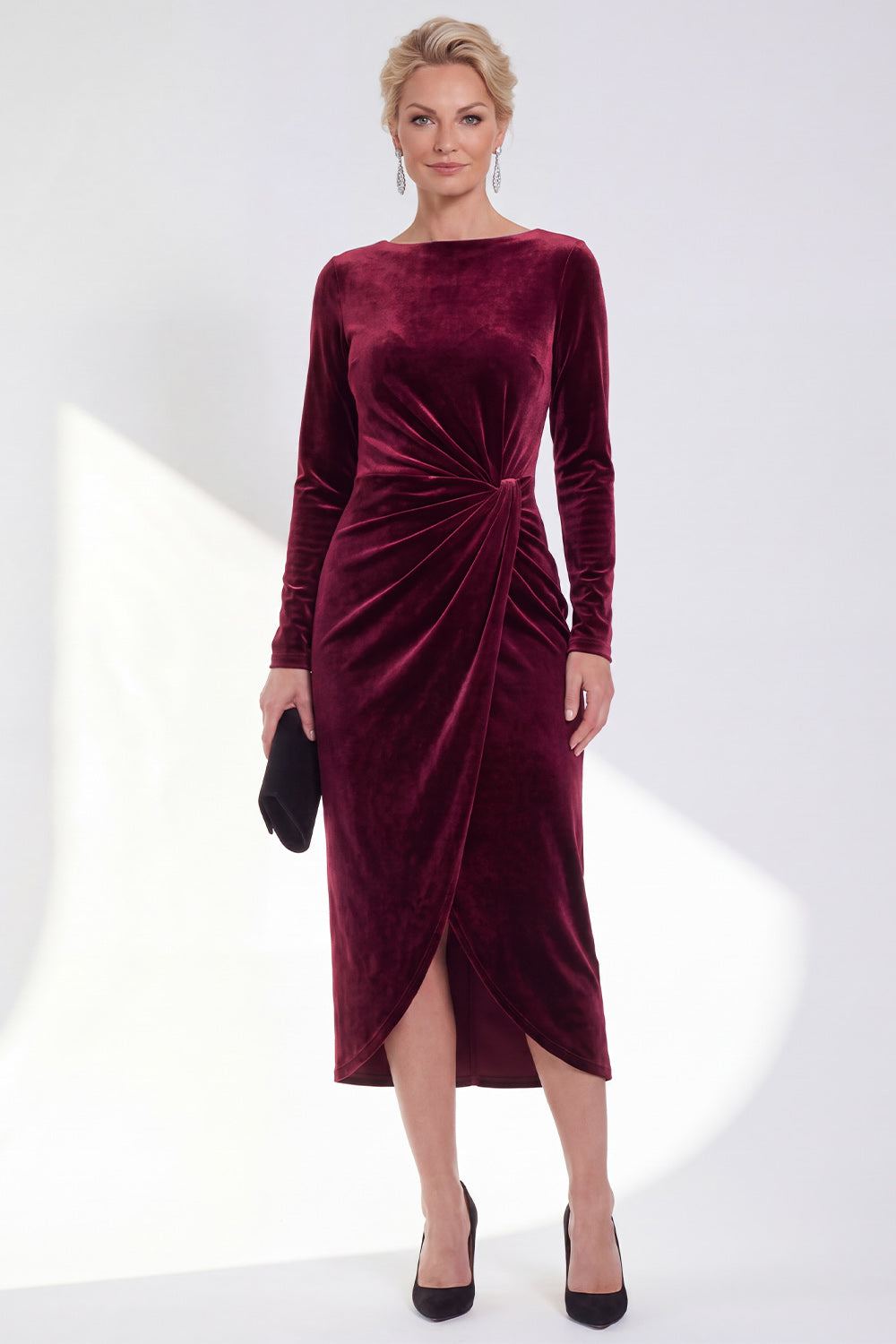 Burgundy Velvet Bateau Neck Ruched Midi Holiday Dress with Sleeves
