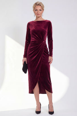 Burgundy Velvet Bateau Neck Ruched Midi Holiday Dress with Sleeves