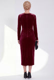 Burgundy Velvet Bateau Neck Ruched Midi Holiday Dress with Sleeves