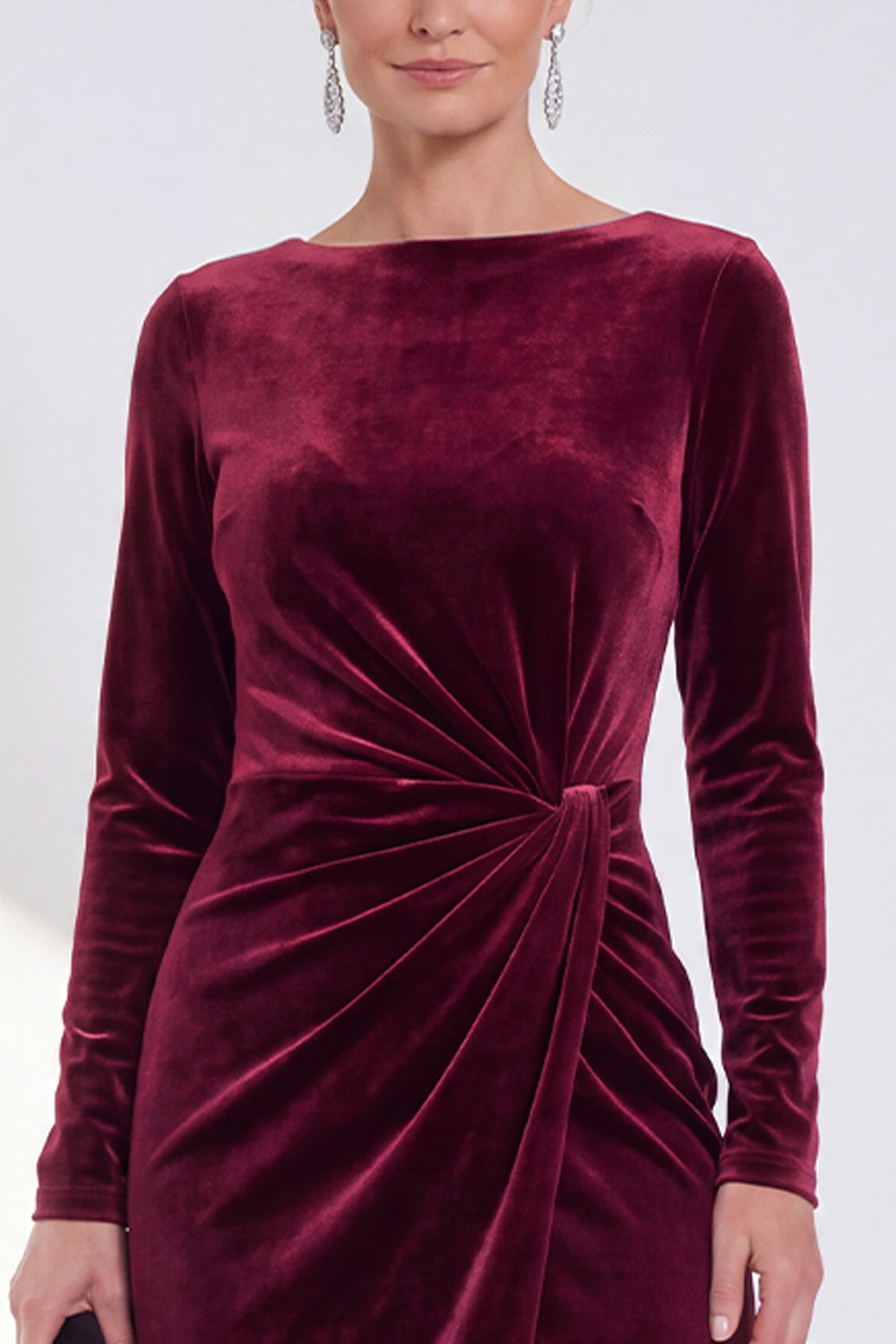Burgundy Velvet Bateau Neck Ruched Midi Holiday Dress with Sleeves