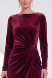 Burgundy Velvet Bateau Neck Ruched Midi Holiday Dress with Sleeves