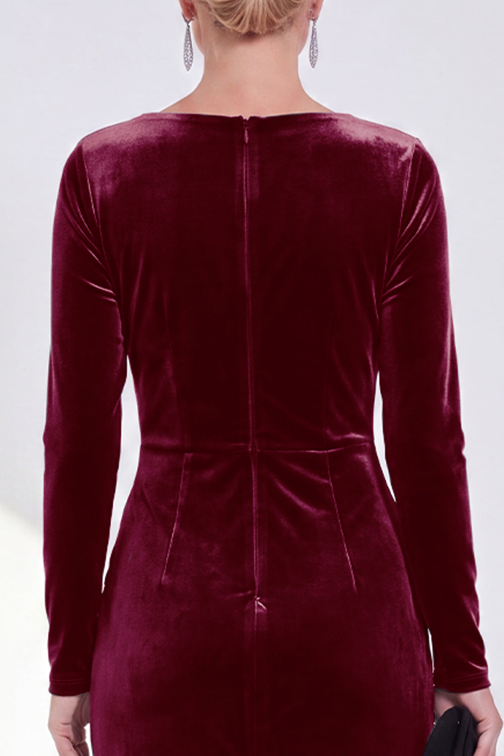 Burgundy Velvet Bateau Neck Ruched Midi Holiday Dress with Sleeves