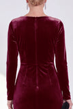 Burgundy Velvet Bateau Neck Ruched Midi Holiday Dress with Sleeves
