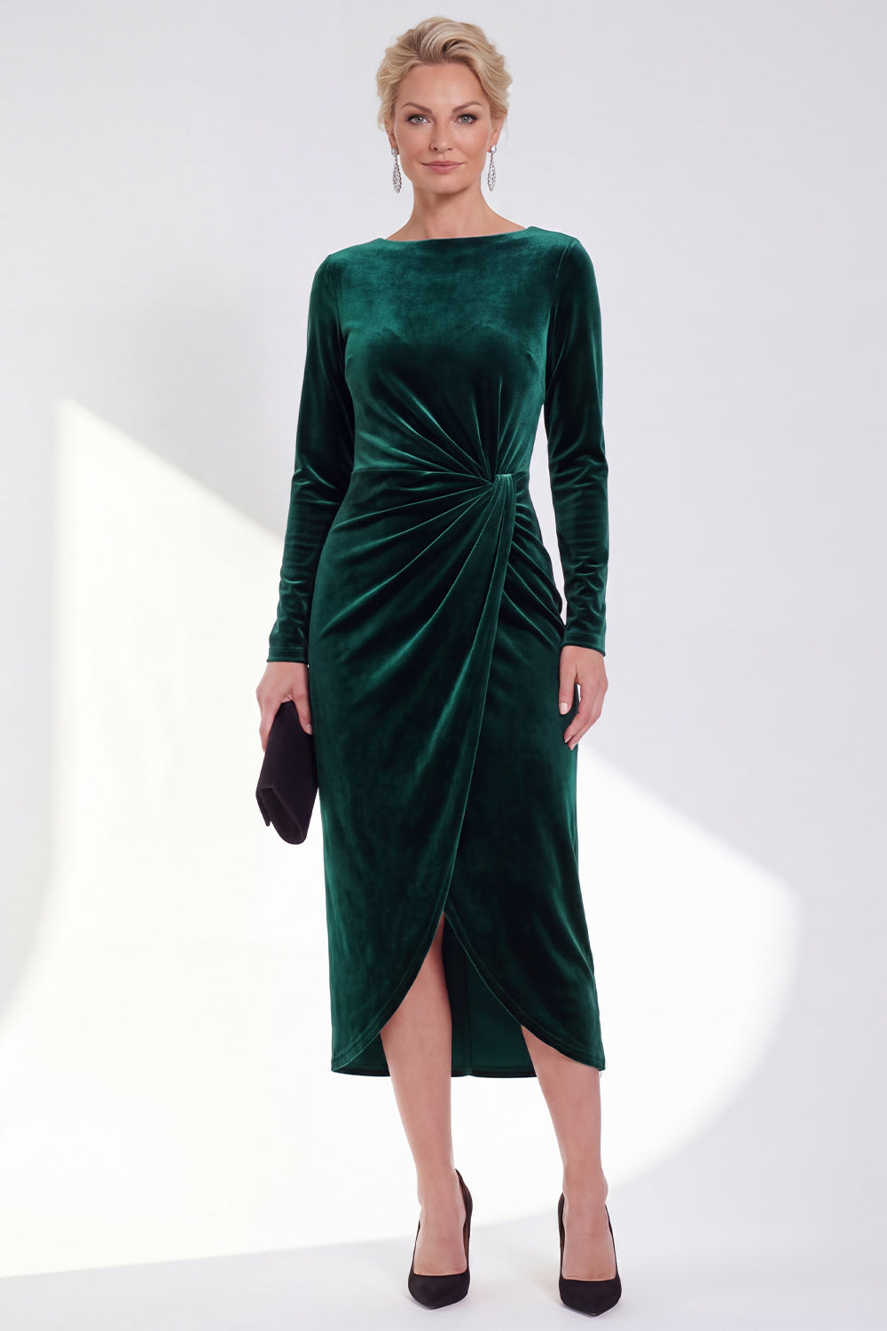 Burgundy Velvet Bateau Neck Ruched Midi Holiday Dress with Sleeves