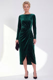 Burgundy Velvet Bateau Neck Ruched Midi Holiday Dress with Sleeves
