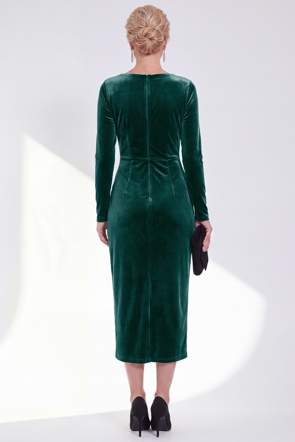 Burgundy Velvet Bateau Neck Ruched Midi Holiday Dress with Sleeves