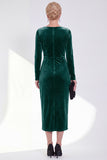 Burgundy Velvet Bateau Neck Ruched Midi Holiday Dress with Sleeves