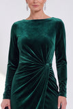 Burgundy Velvet Bateau Neck Ruched Midi Holiday Dress with Sleeves