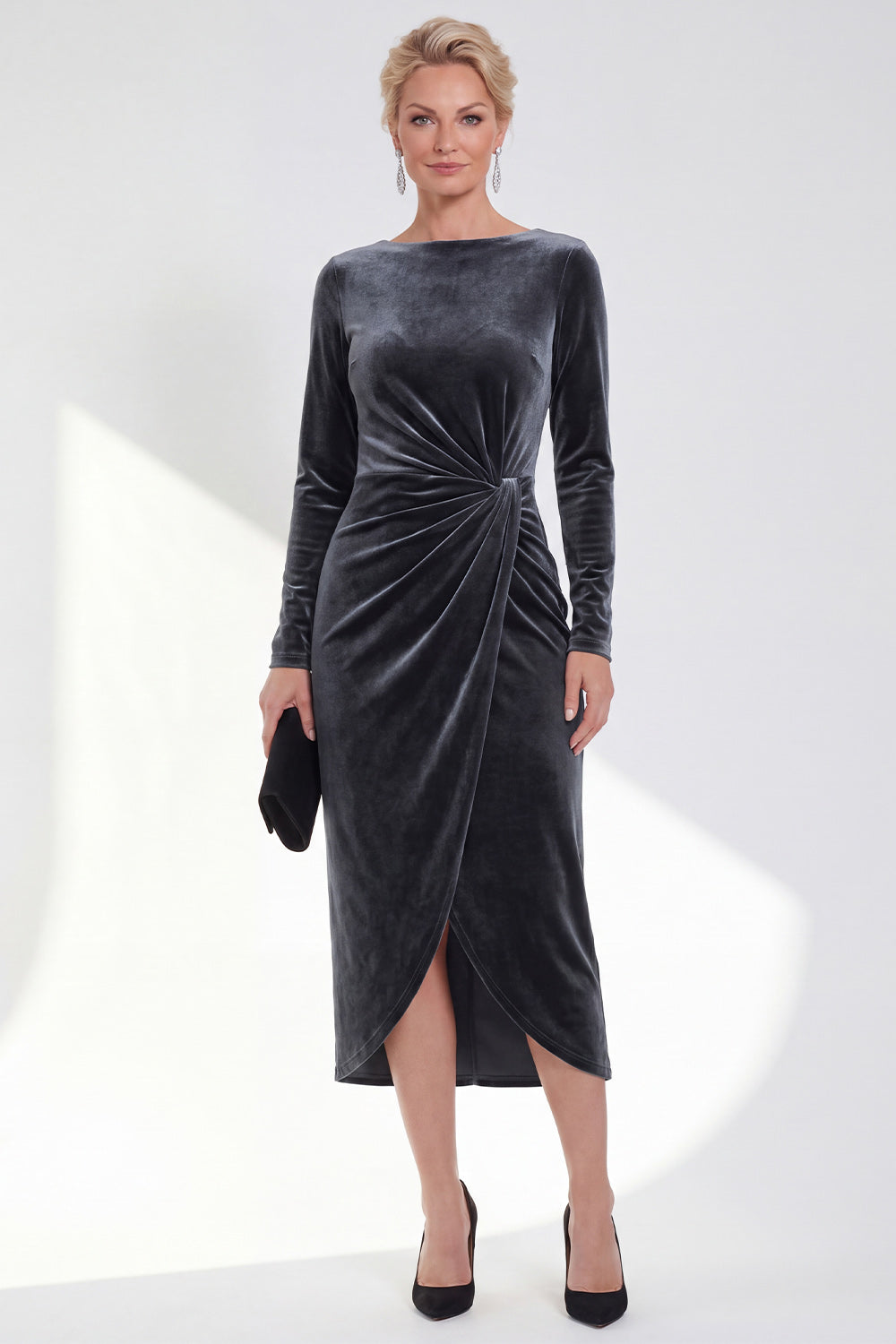 Burgundy Velvet Bateau Neck Ruched Midi Holiday Dress with Sleeves
