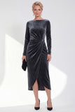 Burgundy Velvet Bateau Neck Ruched Midi Holiday Dress with Sleeves