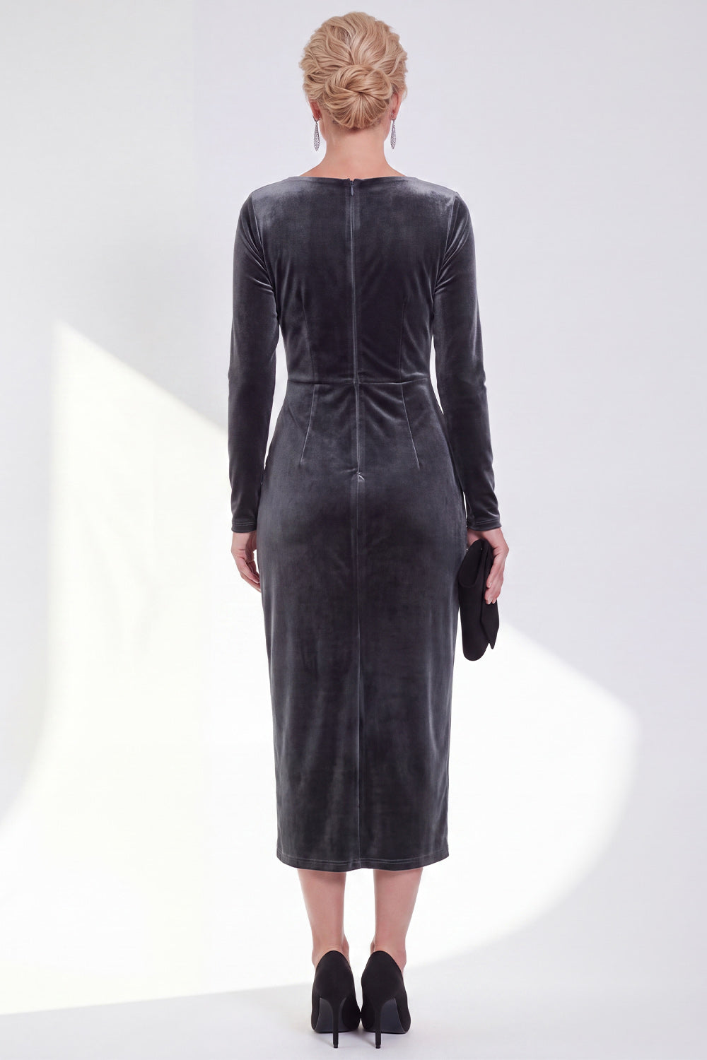 Burgundy Velvet Bateau Neck Ruched Midi Holiday Dress with Sleeves