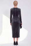 Burgundy Velvet Bateau Neck Ruched Midi Holiday Dress with Sleeves
