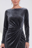 Burgundy Velvet Bateau Neck Ruched Midi Holiday Dress with Sleeves