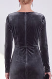 Burgundy Velvet Bateau Neck Ruched Midi Holiday Dress with Sleeves