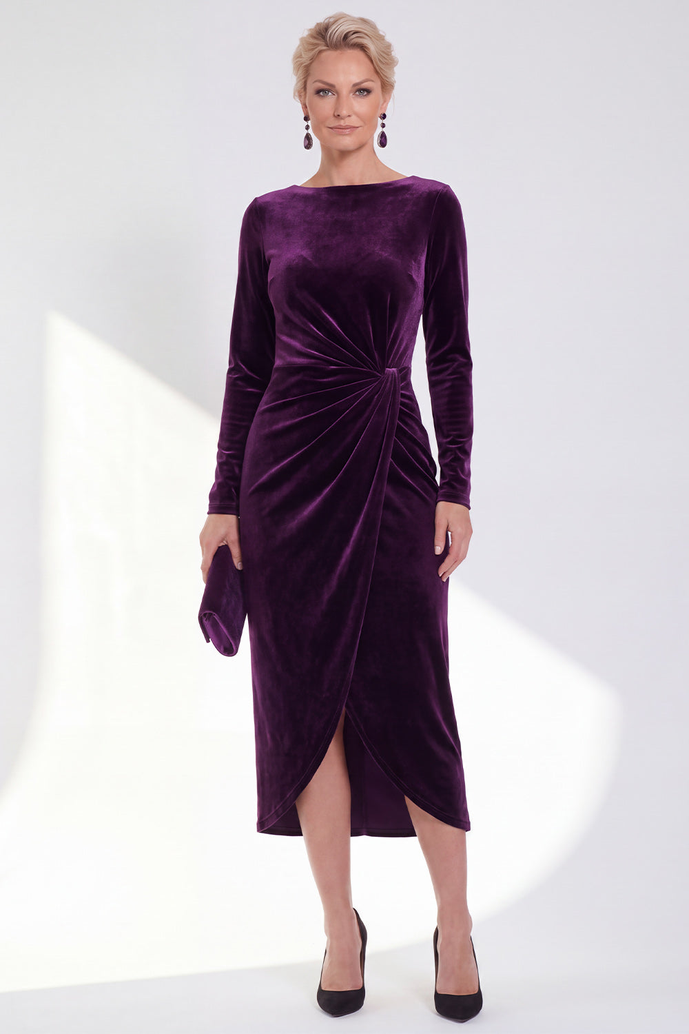 Burgundy Velvet Bateau Neck Ruched Midi Holiday Dress with Sleeves