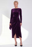 Burgundy Velvet Bateau Neck Ruched Midi Holiday Dress with Sleeves