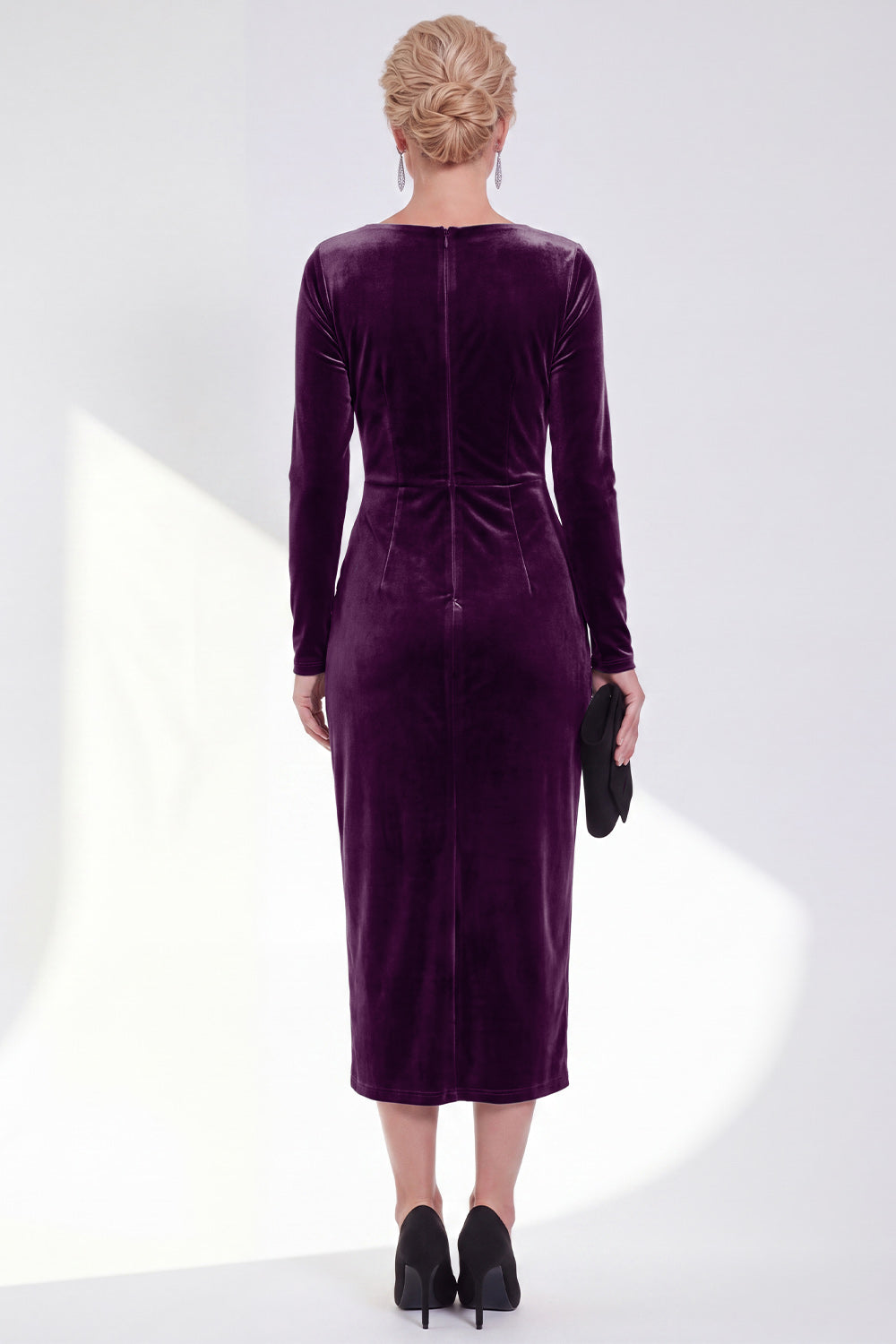 Burgundy Velvet Bateau Neck Ruched Midi Holiday Dress with Sleeves