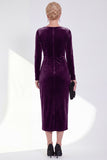 Burgundy Velvet Bateau Neck Ruched Midi Holiday Dress with Sleeves