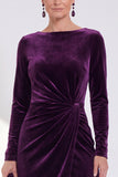 Burgundy Velvet Bateau Neck Ruched Midi Holiday Dress with Sleeves