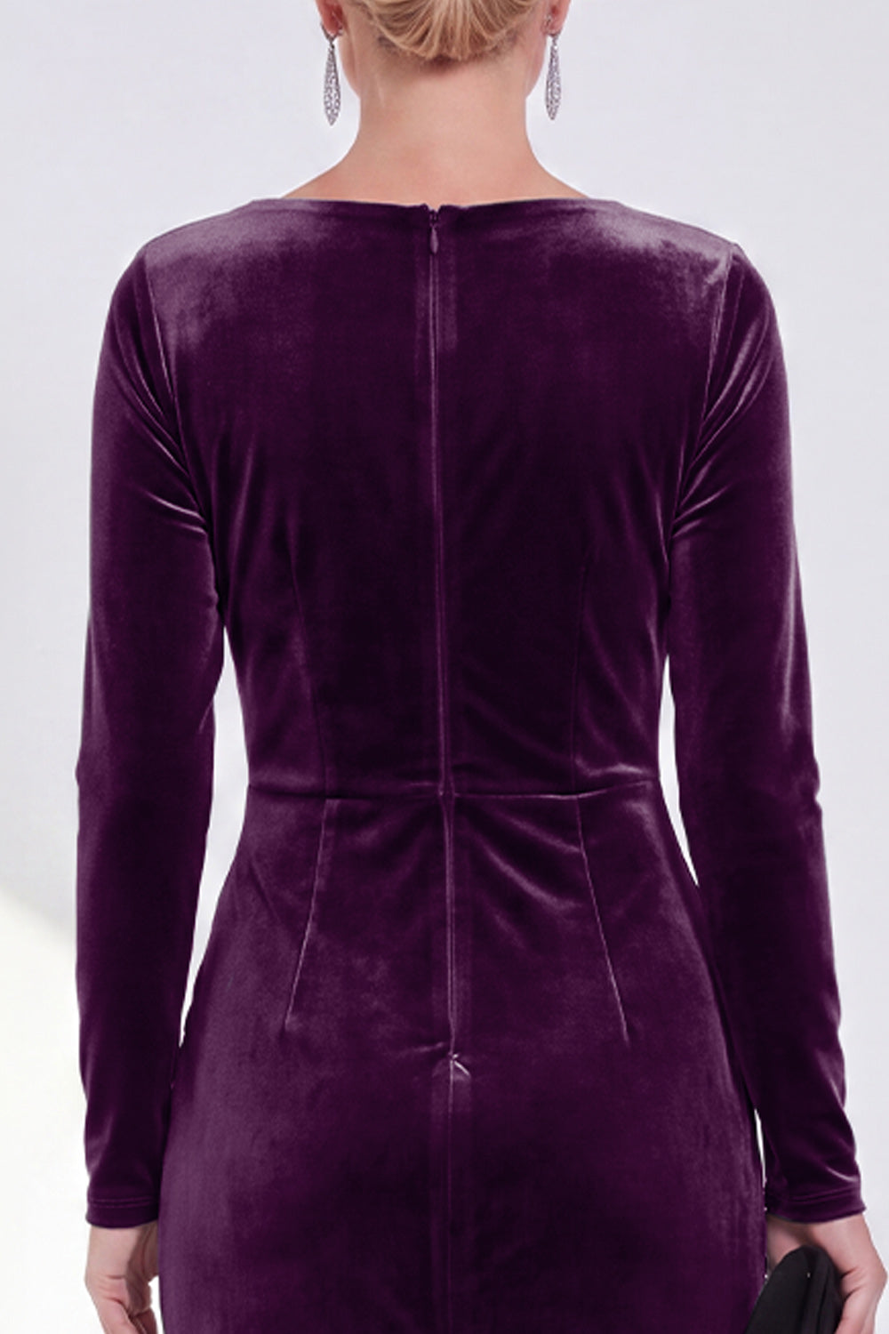Burgundy Velvet Bateau Neck Ruched Midi Holiday Dress with Sleeves