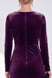 Burgundy Velvet Bateau Neck Ruched Midi Holiday Dress with Sleeves