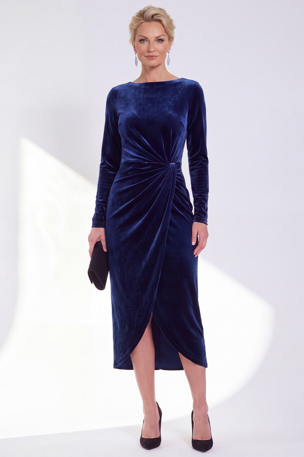 Burgundy Velvet Bateau Neck Ruched Midi Holiday Dress with Sleeves